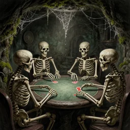 skeletons playing poker in a cozy dungeon, cobwebs, grunge, dungeon, mossy, volumetric lighting, hyper real, pencil art, moody lighting, eldritch horror, comfy