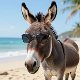 A donkey wearing cool sunglasses at the beach, amazing detail, digital art by Irina French