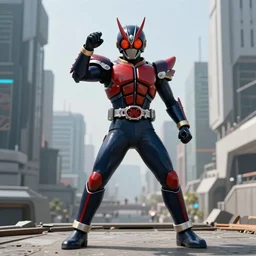 High Fantasy Kamen Rider centered in frame doing a henshin pose, single character full body, 4k, glowing eyes, cyberpunk landscape, daytime, rubber suit, dark blue segmented armor with red secondary color, dragon inspired armor