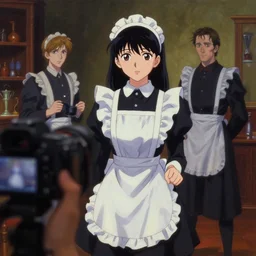 anime key visual of anime maids found footage, spooky creepypasta, shaky trailcam, out of focus camera, style of jamie wyeth james gilleard edward hopper greg rutkowski acrylic painting, preserved museum piece, historical