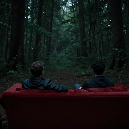 watching movies in the middle of a dark forest, sitting on a red couch, ominous, highly detailed