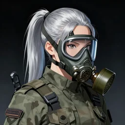 girl silver ponytail hair, multicam uniform, gas mask, illustration by Yoji Shinkawa and Krenz Cushart, cinematic portrait