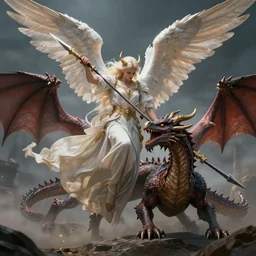 the angel is fighting the dragon with her spear, trending on artstation, award winning, highly detailed, epic, dramatic lighting