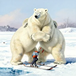 detailed illustration of a polar bear squeezing a skier in a bear hug, ice, winter, full frame, art by walter crane and kay nielsen, victorian, watercolor illustration