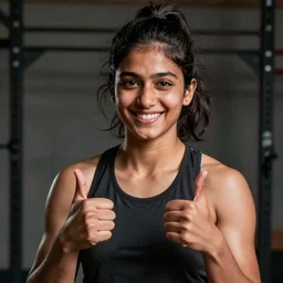 Teenage Indian girl strong, muscular crossfit athlete, smiling, giving thumbs up, head and shoulders in frame, photo portrait by Annie Leibovitz