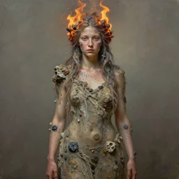 oil portrait | single character | full medium shot | front close - up | dressed in long rags with minerals, fire in your hair, ethereal, accurate goddess, tiny mineral embellishments on the face, particles, octane render, aertstation, fine art, intrincate. by peter mohrbacher, marc simonetti, anna podedwor