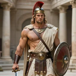 ancient spartan gigachad hero in ancient courtyard, wearing a toga, holding a sword and shield. herculean bulging muscular figure, beautiful gigachad, soft lighting, highly detailed face!!, sharp focus, artstation, sophie anderson, arnold armitage, loish, thomas kinkade