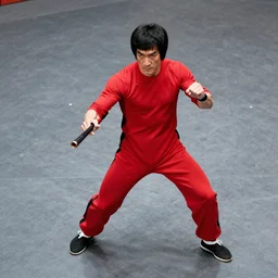 lean, fighter, in a red spandex suit, pose, stance, fight, man, with batons, standing, streetfight, 3 / 4 angle top down, fighting style, top view camera, bruce lee, action
