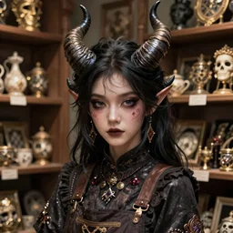portrait, a beautiful demoness shopkeeper in her curio store, dramatic lighting, cute geeky appearence, highly detailed face, dark horns, donato giancola, jc leyendecker, artgerm, smooth, intricate, highly detailed, high fantasy