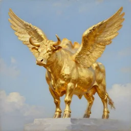 A Statue of a Golden Cow With Wings In The Middle Of the Sky, Oil Painting