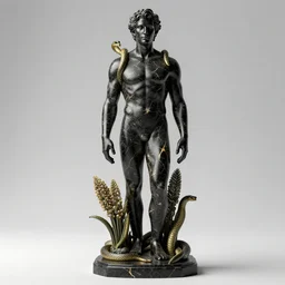 a statue made of black marble with gold veins, of kelsey grammer as frasier crane with fittonias and bubblebutt snakes, transhumanism, full body shot, perfect symmetrical body, perfect symmetrical face, hyper realistic, hyper detailed, by johannen voss, by peter kemp, by monia merlo, by michelangelo, by ernst haeckel, by alex grey, octane render, blender, 8 k