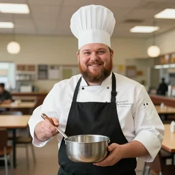 portrait photo still of real life school chef jerome mcelroy fat bearded with chef hat in school cafeteria holding a ladel, 8 k, 8 5 mm, f. 1 4