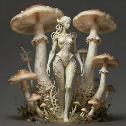 organic cyborg, mushrooms, diffuse lighting, fantasy, intricate, elegant, highly detailed, lifelike, photorealistic, digital painting, artstation, illustration, concept art, smooth, sharp focus, art by john collier and albert aublet and krenz cushart and artem demura and alphonse mucha