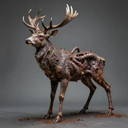 hyperealistic sculpture of a monstrous deer with rusty pipes extruding from its body, body horror, living bodies, scary, disturbing, static noise, eerie, SCP Foundation, realistic creepypasta, found footage, living creature
