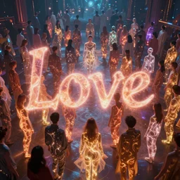 love, overlays superposition of groups of people with glowing bodies, from behind, rebirth, wide angle, cinematic atmosphere, elaborate, highly detailed, vivid colors, dramatic lighting