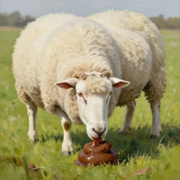 a realistic painting of a sheep eating goey poo.