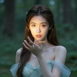 very beautiful fairy princess caught by surprise in the woods, eye contact, casting a spell, perfect face, perfect body, hyperrealistic