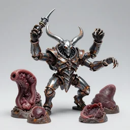 airbrush macro baphomet gestures to orcus, random animal | viscera as god |, carapace rusted chrome chaos in dystopic armor, chris foss, enric torres, alberto bontempi, feng zu hyper realism, torch light, muted horror of puce lime colors, epic, hyper detailed, awe inspiring, award winning horror, torch lighting, hyper realism, cine