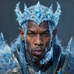 a matte full likeness painting of travis scott face merged with the lich king wearing a crown made of ice, icey, world of warcraft, digital art, fantasy, realistic lighting, in the style of greg rutkowski