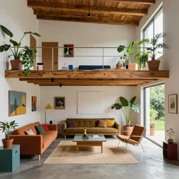 interior of a loft, living room with split levels, mezzanine, plants and patio, 1970 furniture, bauhaus, concept art by theo prins