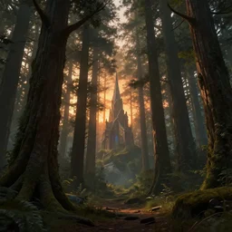 deep forest with a sunset shining through the trees, deep focus, d & d, fantasy, intricate, elegant, highly detailed, digital painting, artstation, concept art, matte, sharp focus, illustration, hearthstone, art by artgerm and greg rutkowski
