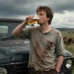 country bumpkin harry potter drinking a beer, old pickup, beat up shirt