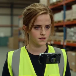 photo, close up, emma watson in a hi vis vest, in warehouse, android cameraphone, film still from 1 9 7 4 movie, 2 6 mm,