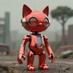 1 9 5 0 s retro - future cat android, forrest in background, muted colors, by jean baptiste monge, chrome red