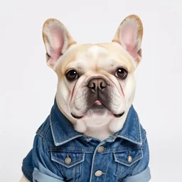 full head photo portrait of a cute french bulldog made of jeans jacket, medium shot, pastel gradient background, super realistic, crisp details, sharp, detailed, intricate, volumetric lights, cinematic, shot with hasselblad, octane render