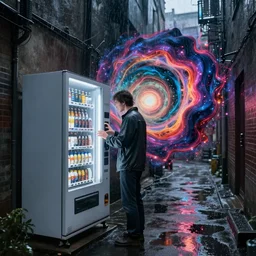 a drenched man in a rainy alleyway standing at a vending machine which opens a cosmic alien portal into another dimension, vivid caustics into another universe, realistic photography, beautiful interior, hyperrealism, incredible, award - winning photography, by greg rutkowski, lovecraftian