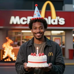 portrait photo still of wayne knight holding a small cake, wearing a birthday hat, in front of a mcdonalds on fire, 8 k, 8 5 mm f 1. 8