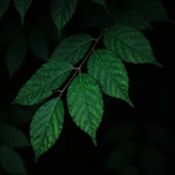 green leaves moody dark wallpaper, volumetric dramatic light, dark black background, sharp focus, highly realistic, octane render, art by greg rutsowski