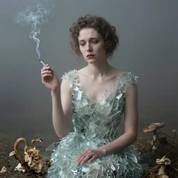 photographic portrait of sad max ernst woman swan dried melting floral fungus with spiraling cigarette smoke, wearing a dress made of broken glass, in fog