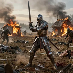 knights in battle, rusted armor, swinging swords, kicking, boots stabbing, burning houses, running, fear, sanguinary blood splatters, flying mud, debris, boots, smoke, fighting, field, burning houses, dead bodies, wet, dawn, cold breath, hyper realistic, octane render, hyper detailed, cinematic, crane shot medium