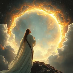 in flowing white robes she watched as the universe was born, nebula, bright arc of light, stars, intricate, hyper detailed, beautiful concept art by greg rutkowski, artgerm, ruan jia, range murata, wlop, beeple, caravaggio