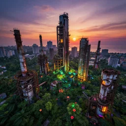 a beautiful hyperdetailed render of city city architecture urbex industrial architecture abandoned nature by asher brown durand, magic realism sunset sea tron at night vaporwave thermal imaging nightvision neon noir flowers at dawn landscape fisheye rainforest lightpaint, archdaily, wallpaper, highly detailed, trending on artstation.