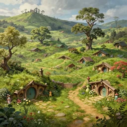 A highly detailed 4K fantasy matte painting of a small but beautiful, idyllic and fruitful land, beloved by its hobbit inhabitants., zdzislaw beksinski, ArtStation, CGSociety, Unreal Engine