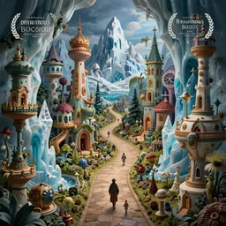 a beguiling fantasy matte painting of an impossible path winding through arctic dream worlds with surreal architecture designed by heironymous bosch, structures inspired by heironymous bosch's garden of earthly delights, surreal ice interiors by cyril rolando and asher durand and natalie shau, insanely detailed, whimsical, intricate