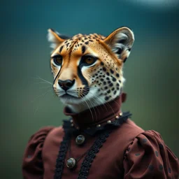 annie leibovitz headshot of an anthropomorphic cheetah humanoid female wearing a victorian era dress, bokeh, 5 0 mm