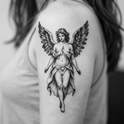 angel behind person, black and white, black art, tattoo, blur, pointillism, diffused