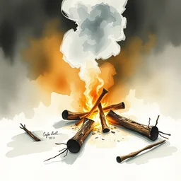 small centered on watercolor paper, paint brush strokes, abstract watercolor painting of faraway campfire smoke, smoking bonfire, trunks and logs, sticks, cinematic light, american romanticism by hans dahl, by jesper ejsing, by anders zorn, by greg rutkowski, by greg manchess, by tyler edlin