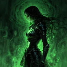 side profile, imogen poots, mentally insane, dark armor, luminescent, haunted, evil inky swirly ripples, sickly green colors, by greg manchess, huang guangjian, gil elvgren, sachin teng, greg rutkowski, jesper ejsing, ilya kuvshinov