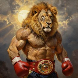 muscular oversized lion as a boxer champion with boxing gloves  , full human hairy body , strong sun backlight sunrays  body , extreme very textured detailed portrait oil painting by rembrandt,   dramatic clouds and  atmosphere