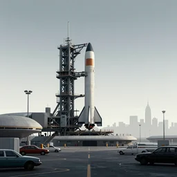 a beautiful, minimal. sharp focus, and immaculate overcast futuristic spaceport. vaporwave ombre rendering. outrun style. rocket on the launch pad in the style of a travel poster. trending on artstation. recommended for you behance. by chris moore. by edward hopper. ambient occlusion. digital matte painting. metropolis filmic. gotham city.