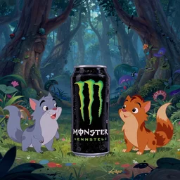 Movie frame from the edgy Monster energy drink coloured Disney animated motion picture released in 1937, beautiful enchanted forest full of Monster energy drink critters, directed by Walt Disney,  highly detailed background paintings by Thomas Kinkade