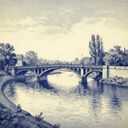 a bridge over a river pointille artwork