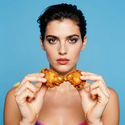 hands holding fried chicken wings. surreal photograph, lo - fi, polished look, solid background, silly and serious, hermes ad, fashion photography, toiletpaper magazine by pierpaolo ferrari and maurizio cattelan, 3 5 mm photograph, colourful, david lachapelle, canon eos c 3 0 0, 8 k, medium - format print