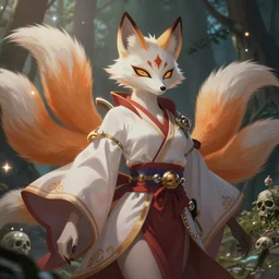 a painted avatar portrait of an awesome powerful humanoid kitsune fox mage themed around life and death, in the style of dnd beyond avatar portraits, beautiful, artistic, elegant, lens flare, magical, lens flare, nature, realism, stylized