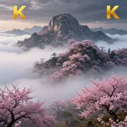 a beautiful landscape of peach blossoms on the clouds, brilliant peaks, dense fog, early morning, by by yoneyama mai, trending on artstation, clouds, by wayne barlowe, peter mohrbacher, kelly mckernan, epic scene, 4 k, dark fantasy, environment, unreal engine 5, detailed