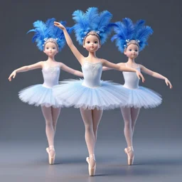 3 d rendering of a ballerina with a porcelain doll head, blue feathers in background, diffused lighting, highly detailed, perfect human body with only two arms and two legs,